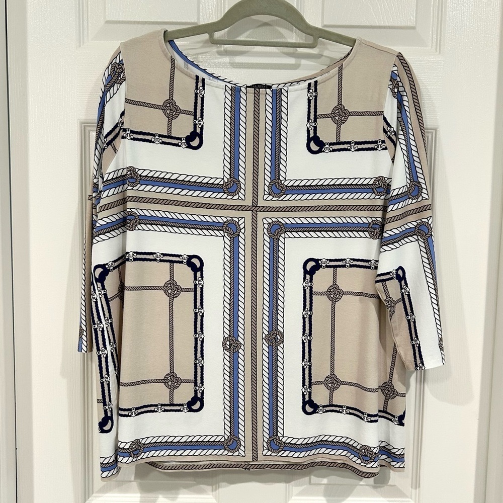 Talbots Woman Geometric Knot Cream Tan Blue Nautical Coastal Top Sz 1X Petite